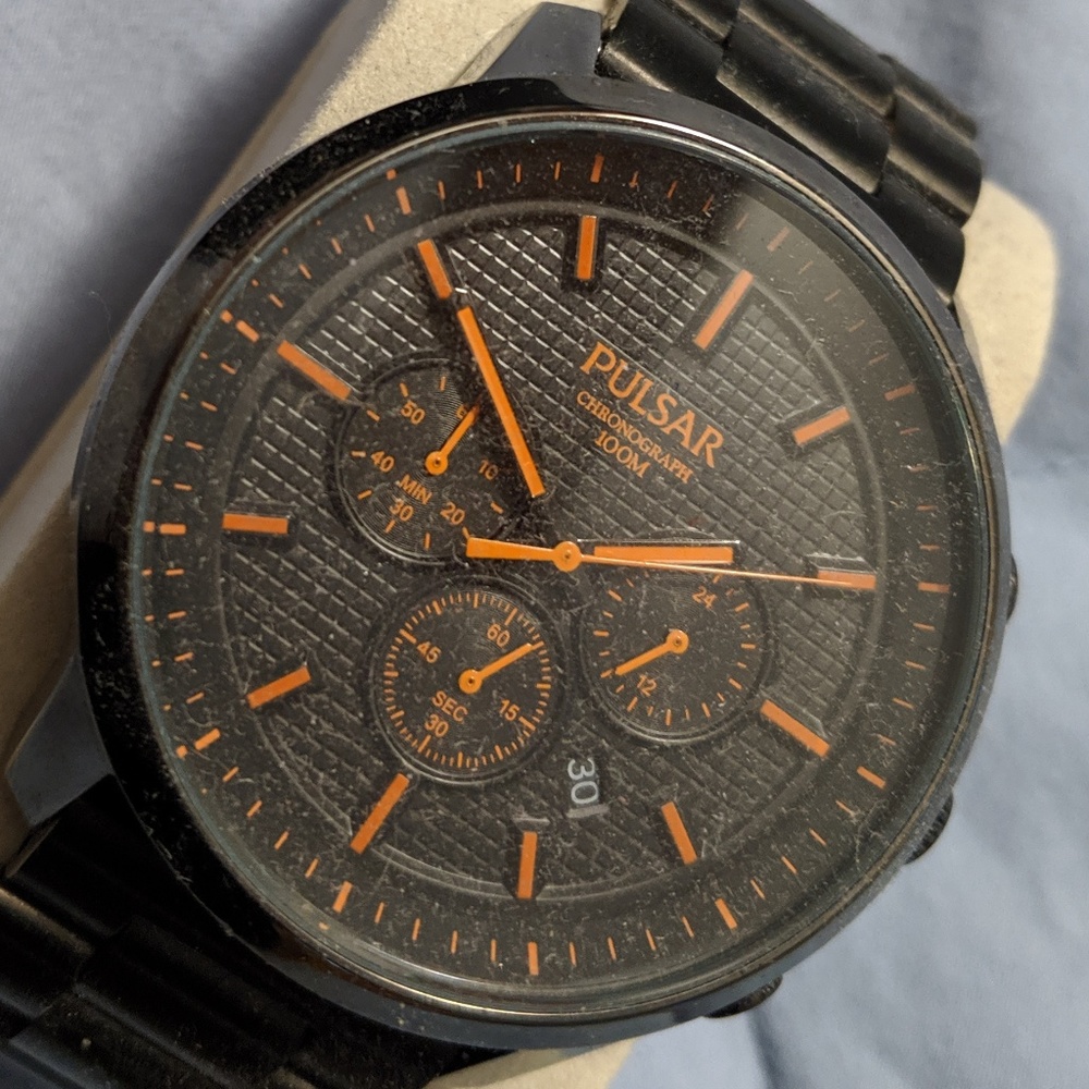 Pulsar Men's Chrono Black Dial Watch Red Highlight